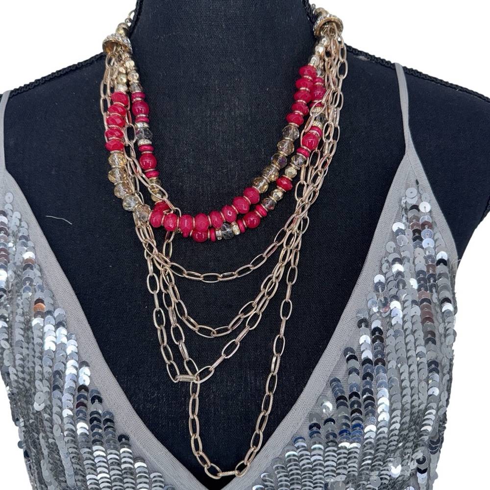 Gold Tone And Pink Layered Necklace